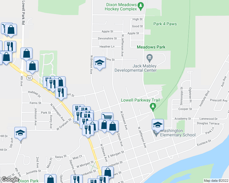 map of restaurants, bars, coffee shops, grocery stores, and more near 940 North Dement Avenue in Dixon