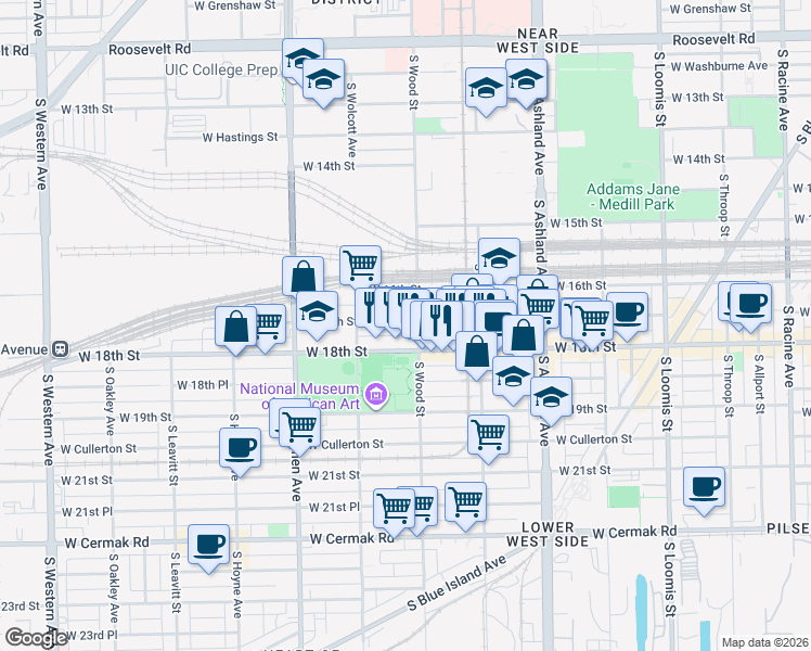 map of restaurants, bars, coffee shops, grocery stores, and more near 1811 West 17th Street in Chicago