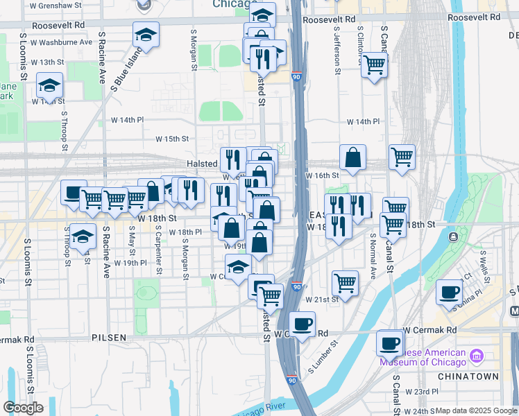 map of restaurants, bars, coffee shops, grocery stores, and more near 1720 South Halsted Street in Chicago