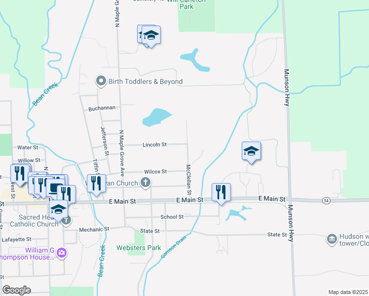 map of restaurants, bars, coffee shops, grocery stores, and more near 190 Lincoln Street in Hudson