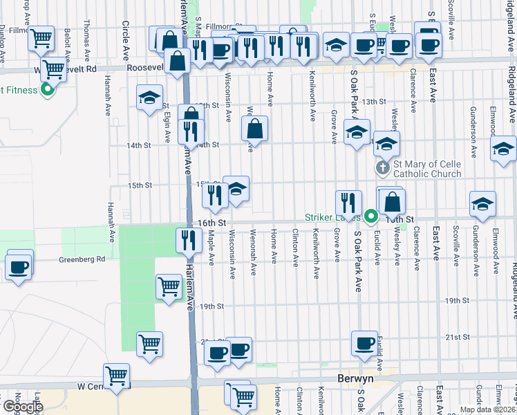 map of restaurants, bars, coffee shops, grocery stores, and more near 1513 Wenonah Avenue in Berwyn