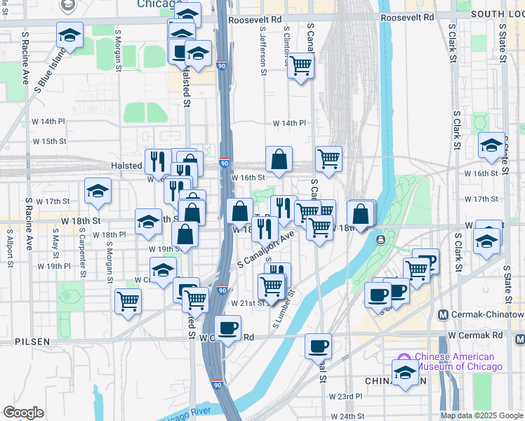 map of restaurants, bars, coffee shops, grocery stores, and more near 1710 South Jefferson Street in Chicago