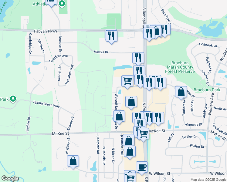 map of restaurants, bars, coffee shops, grocery stores, and more near 481 Wolcott Lane in Batavia