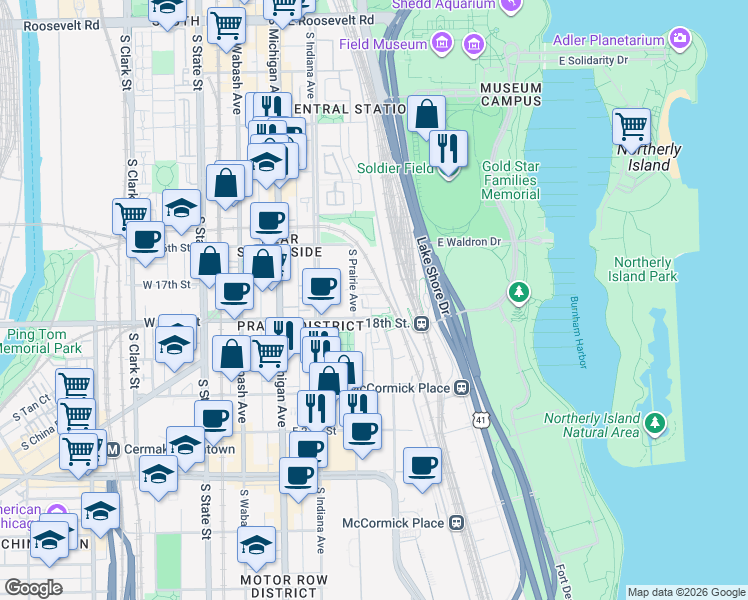 map of restaurants, bars, coffee shops, grocery stores, and more near 331 East 17th Street in Chicago
