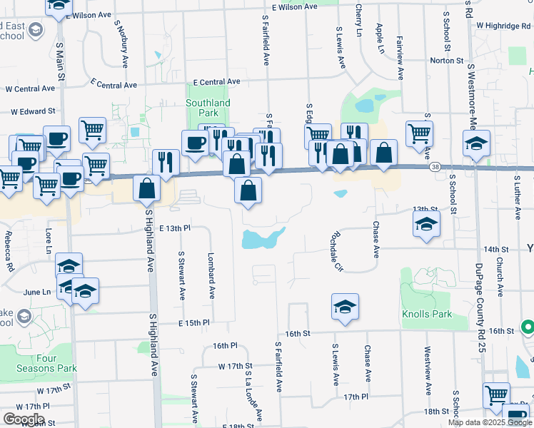 map of restaurants, bars, coffee shops, grocery stores, and more near 491 East Roosevelt Road in Lombard