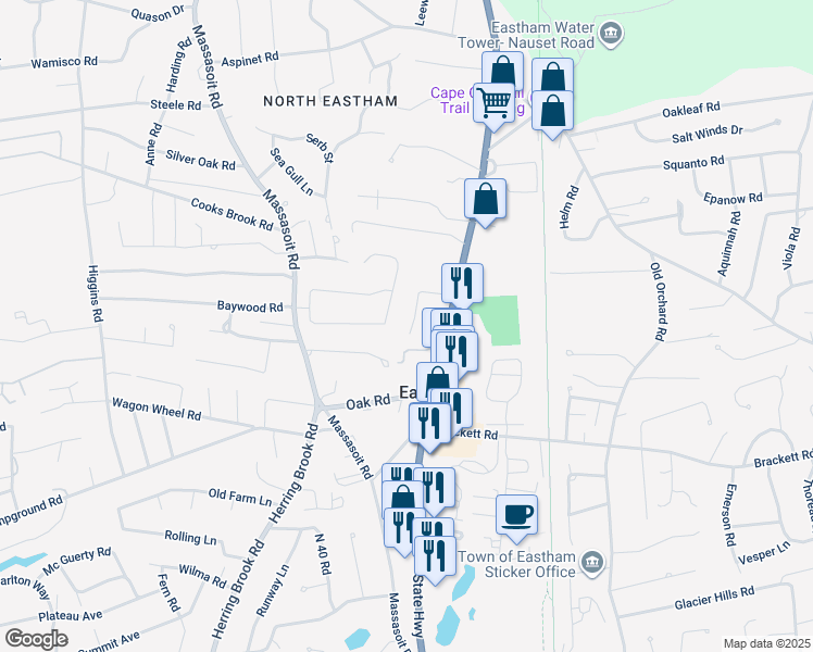 map of restaurants, bars, coffee shops, grocery stores, and more near 110 Meadow Drive in Eastham