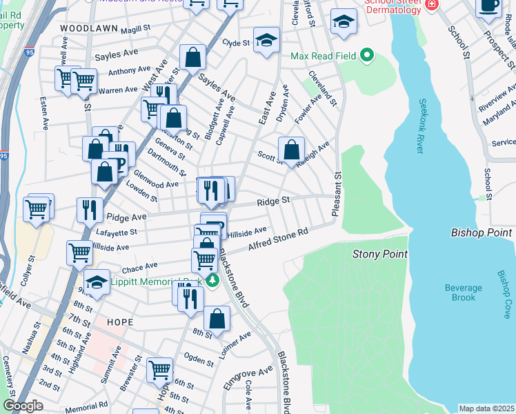 map of restaurants, bars, coffee shops, grocery stores, and more near 9 Lowden Street in Pawtucket