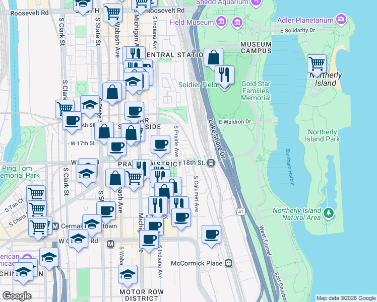 map of restaurants, bars, coffee shops, grocery stores, and more near 331 East 17th Street in Chicago