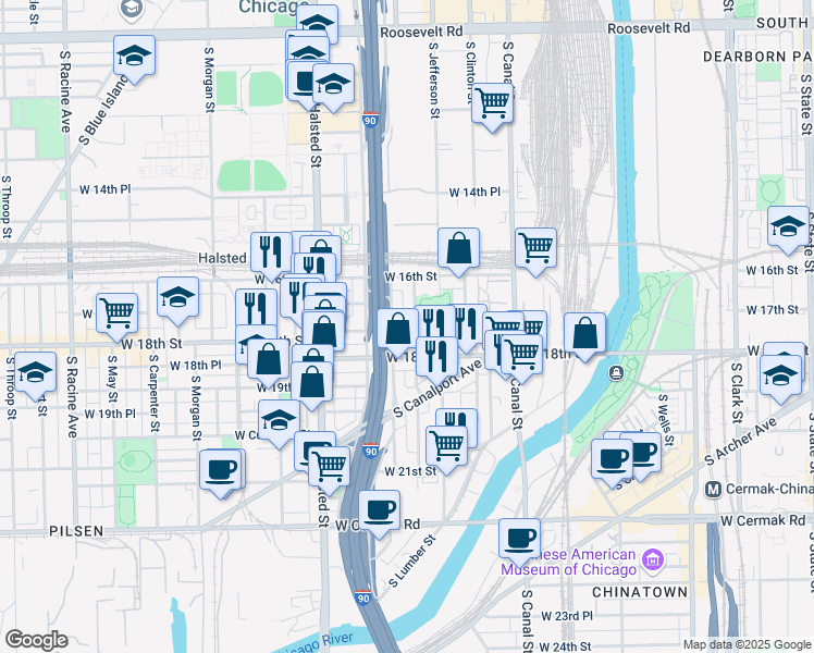 map of restaurants, bars, coffee shops, grocery stores, and more near 1701 South Ruble Street in Chicago