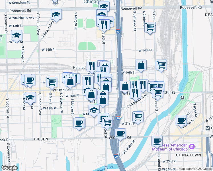 map of restaurants, bars, coffee shops, grocery stores, and more near 1703 South Halsted Street in Chicago