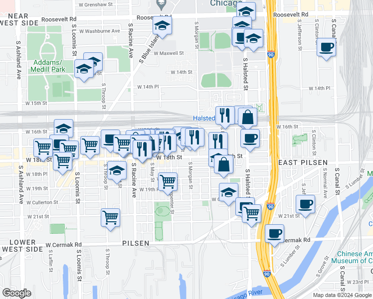 map of restaurants, bars, coffee shops, grocery stores, and more near in Chicago