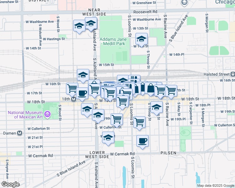 map of restaurants, bars, coffee shops, grocery stores, and more near 1420 West 17th Street in Chicago