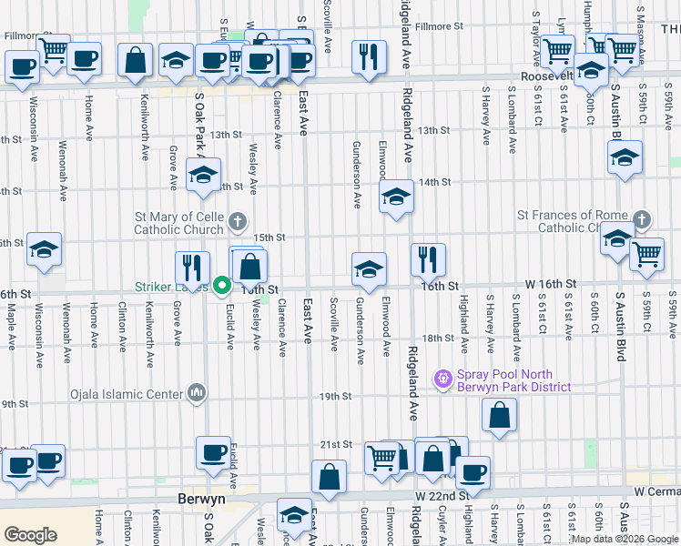 map of restaurants, bars, coffee shops, grocery stores, and more near 1523 Scoville Avenue in Berwyn