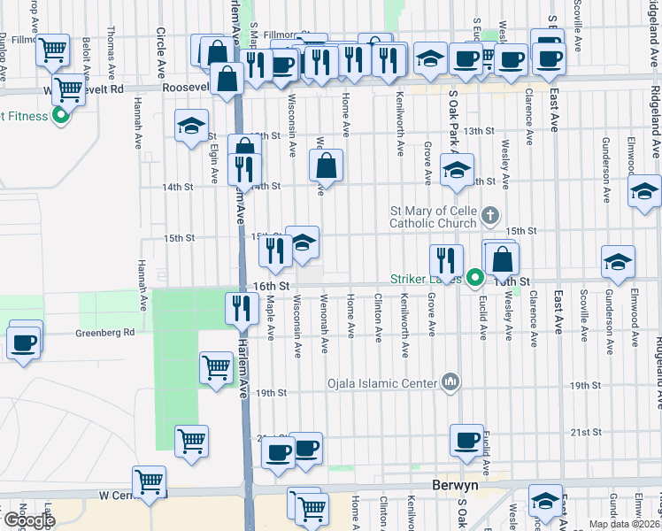 map of restaurants, bars, coffee shops, grocery stores, and more near 1513 Wenonah Avenue in Berwyn