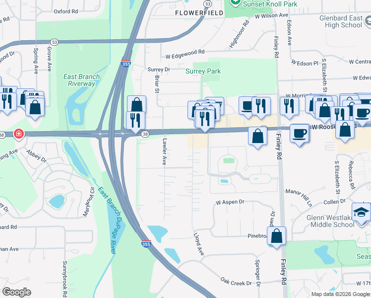 map of restaurants, bars, coffee shops, grocery stores, and more near 1210 Lloyd Avenue in Lombard