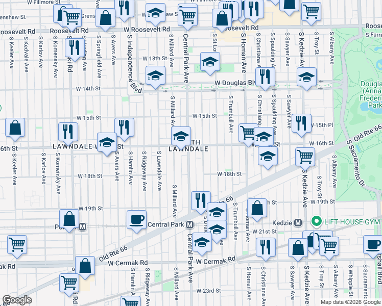 map of restaurants, bars, coffee shops, grocery stores, and more near 1615 South Central Park Avenue in Chicago