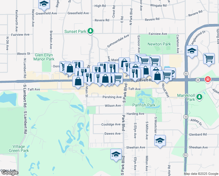 map of restaurants, bars, coffee shops, grocery stores, and more near 585 Roosevelt Road in Glen Ellyn