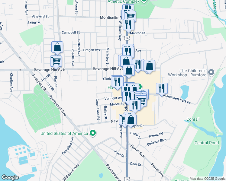 map of restaurants, bars, coffee shops, grocery stores, and more near 38 Anama Avenue in East Providence