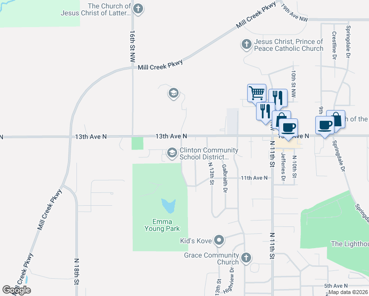 map of restaurants, bars, coffee shops, grocery stores, and more near 1155 North 14th Street in Clinton