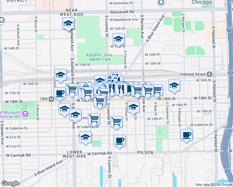 map of restaurants, bars, coffee shops, grocery stores, and more near 1625 South Blue Island Avenue in Chicago