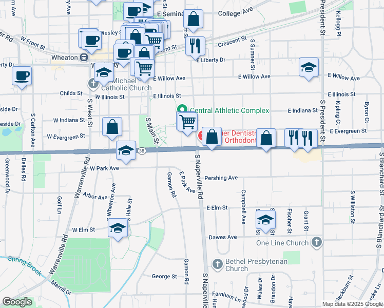 map of restaurants, bars, coffee shops, grocery stores, and more near 625 South Main Street in Wheaton