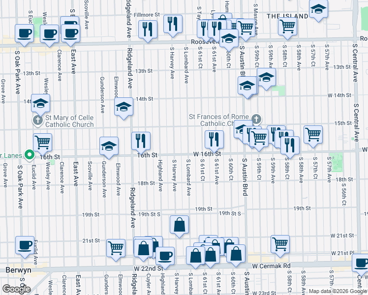 map of restaurants, bars, coffee shops, grocery stores, and more near 1521 South Lombard Avenue in Cicero
