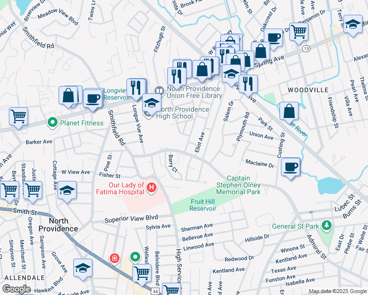 map of restaurants, bars, coffee shops, grocery stores, and more near 109 Andover Street in North Providence