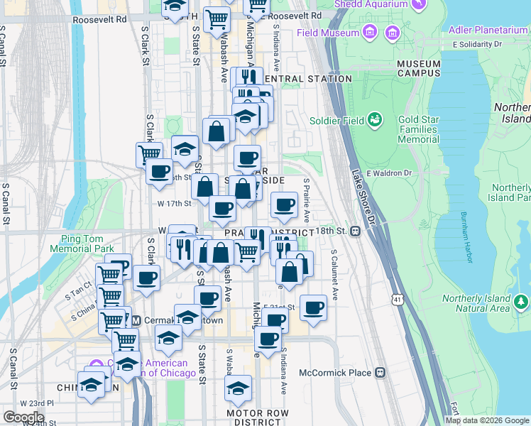map of restaurants, bars, coffee shops, grocery stores, and more near 1717 South Michigan Avenue in Chicago