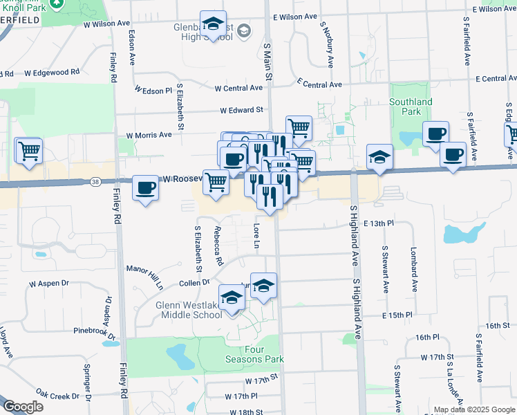 map of restaurants, bars, coffee shops, grocery stores, and more near 1300 South Main Street in Lombard