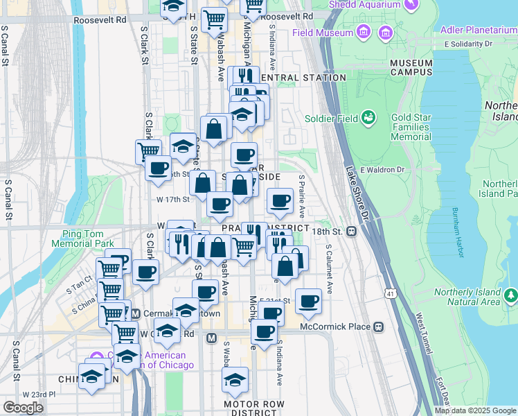 map of restaurants, bars, coffee shops, grocery stores, and more near 1717 South Michigan Avenue in Chicago