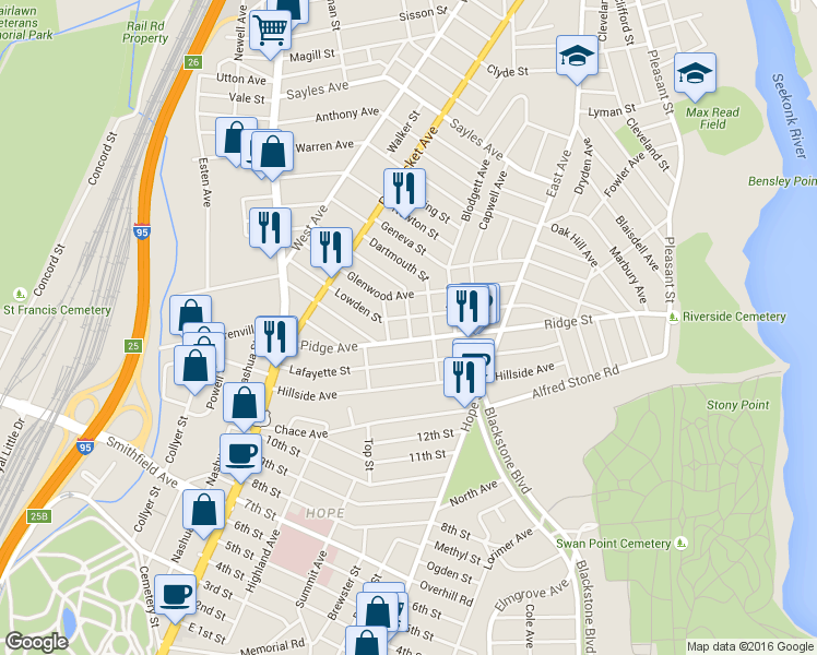 map of restaurants, bars, coffee shops, grocery stores, and more near in Pawtucket