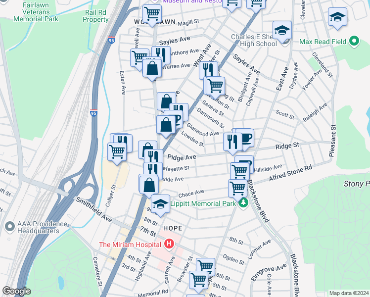 map of restaurants, bars, coffee shops, grocery stores, and more near 49 Carver Street in Pawtucket