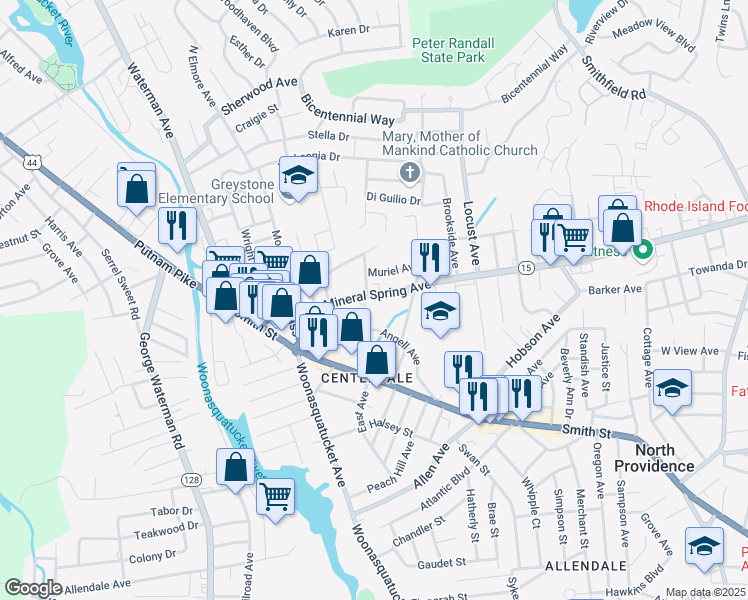 map of restaurants, bars, coffee shops, grocery stores, and more near 2159 Mineral Spring Avenue in North Providence