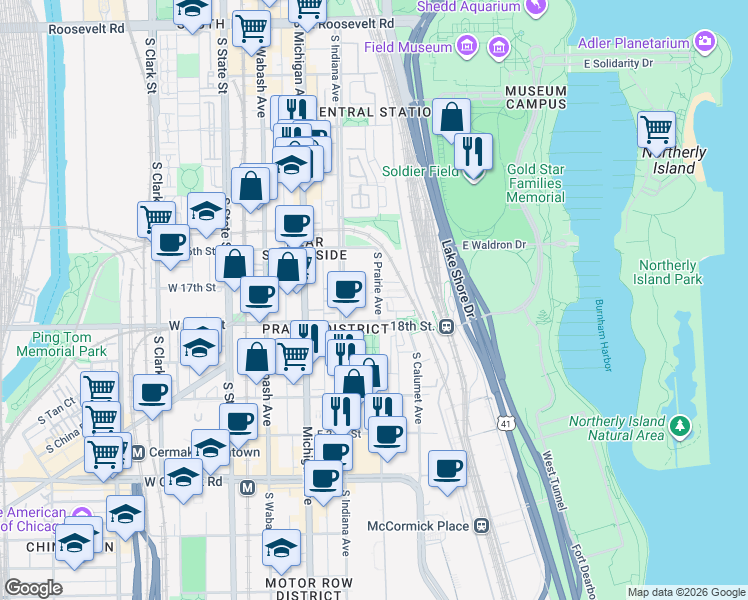 map of restaurants, bars, coffee shops, grocery stores, and more near 1642 South Prairie Avenue in Chicago