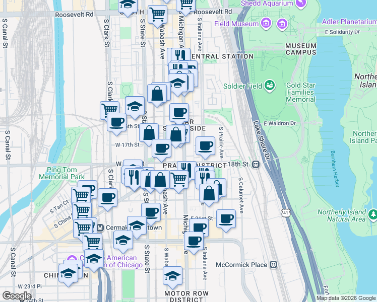 map of restaurants, bars, coffee shops, grocery stores, and more near 1700 Michigan Avenue in Chicago