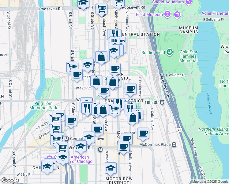 map of restaurants, bars, coffee shops, grocery stores, and more near 1700 Michigan Avenue in Chicago