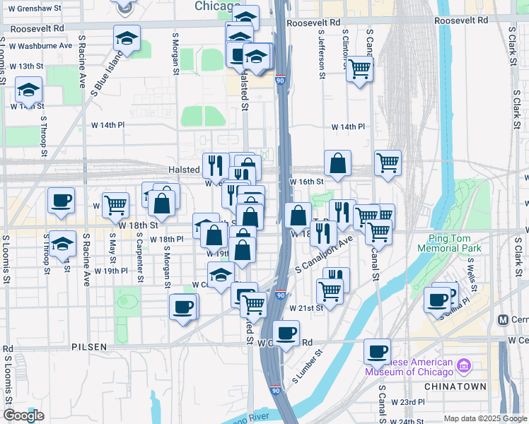 map of restaurants, bars, coffee shops, grocery stores, and more near 1702 South Union Avenue in Chicago