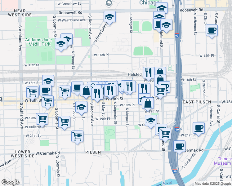 map of restaurants, bars, coffee shops, grocery stores, and more near in Chicago