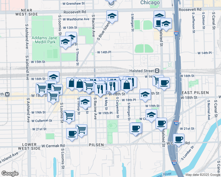 map of restaurants, bars, coffee shops, grocery stores, and more near 1114 West 17th Street in Chicago