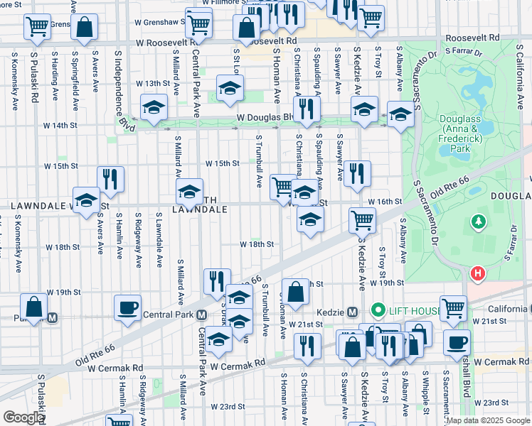 map of restaurants, bars, coffee shops, grocery stores, and more near 1601 South Trumbull Avenue in Chicago