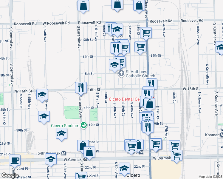map of restaurants, bars, coffee shops, grocery stores, and more near 5016 West 16th Street in Cicero