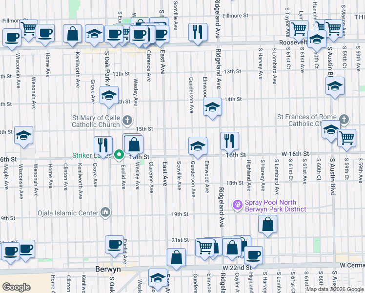 map of restaurants, bars, coffee shops, grocery stores, and more near 1523 Scoville Avenue in Berwyn