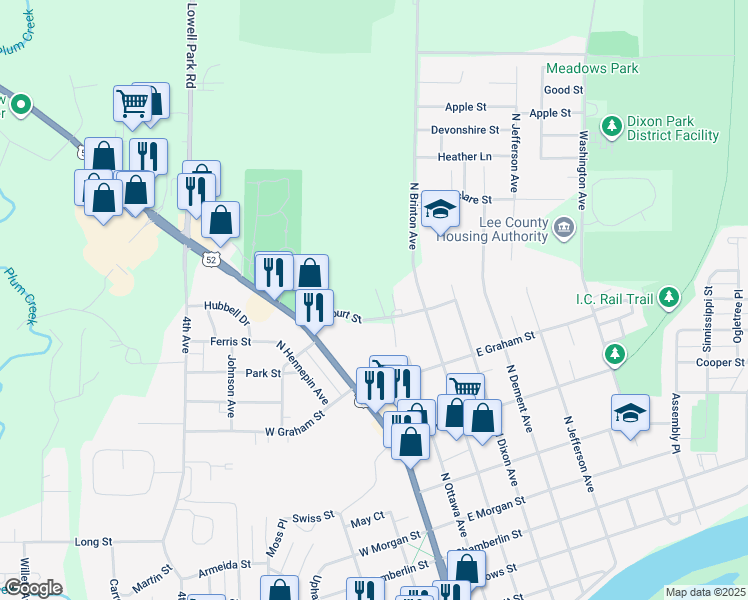 map of restaurants, bars, coffee shops, grocery stores, and more near 125 North Court Street in Dixon