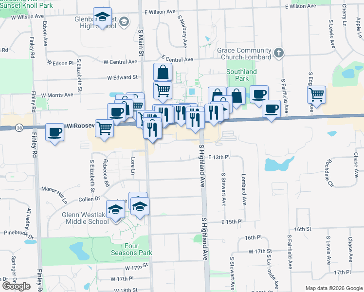 map of restaurants, bars, coffee shops, grocery stores, and more near 540 East 13th Street in Lombard
