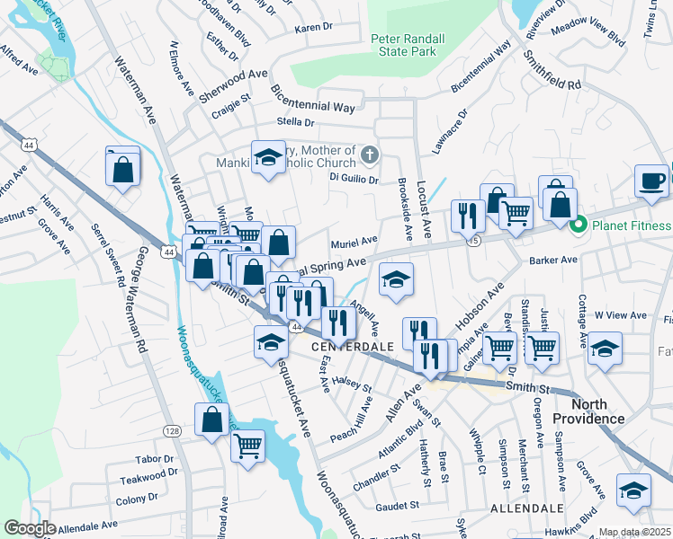 map of restaurants, bars, coffee shops, grocery stores, and more near 2159 Mineral Spring Avenue in North Providence