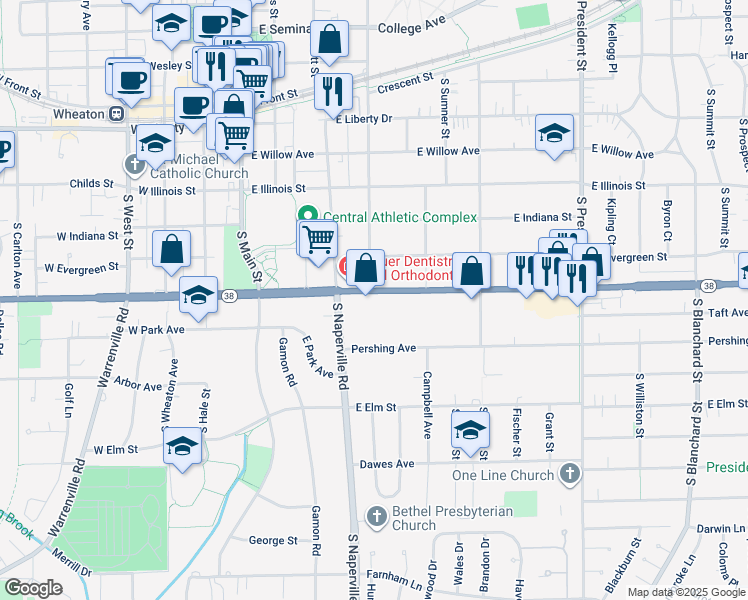 map of restaurants, bars, coffee shops, grocery stores, and more near 351 East Roosevelt Road in Wheaton