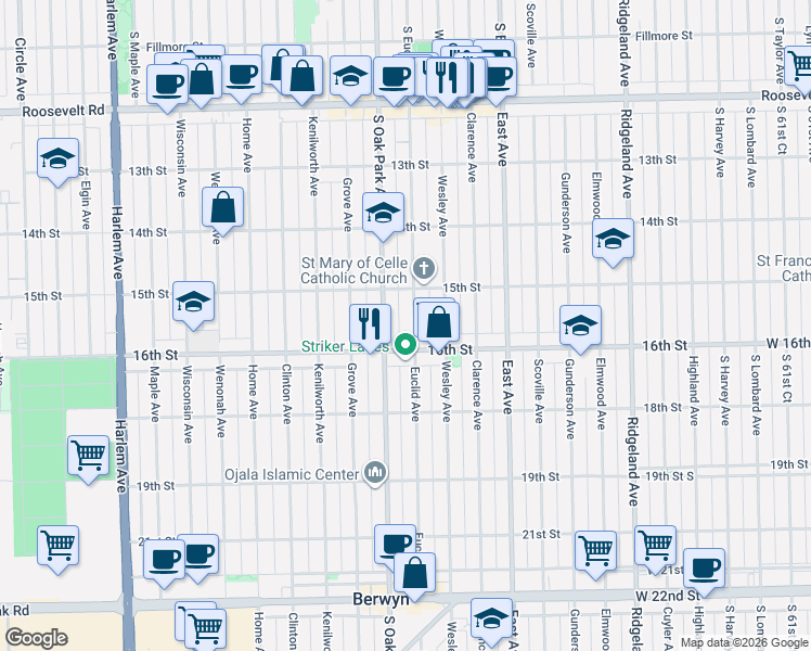 map of restaurants, bars, coffee shops, grocery stores, and more near 1519 Euclid Avenue in Berwyn