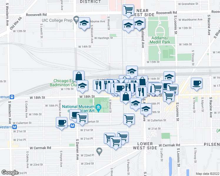 map of restaurants, bars, coffee shops, grocery stores, and more near S Wood St & W 17th St in Chicago