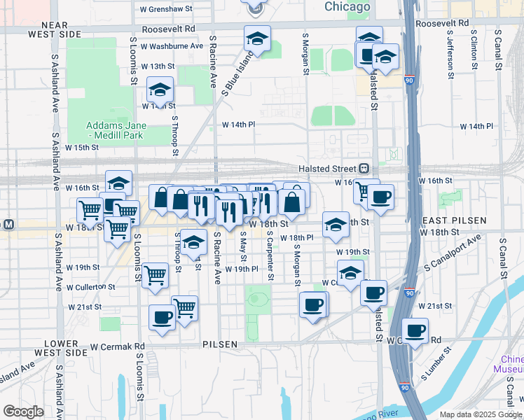 map of restaurants, bars, coffee shops, grocery stores, and more near 1706 South Carpenter Street in Chicago