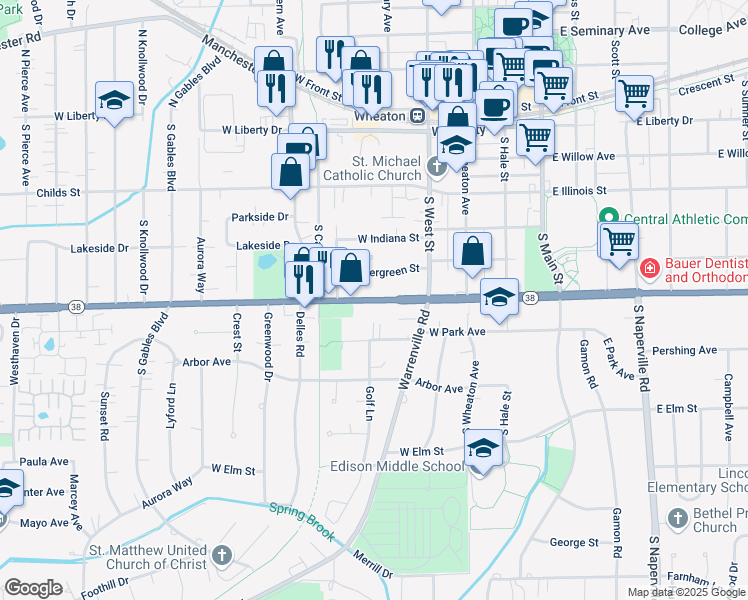 map of restaurants, bars, coffee shops, grocery stores, and more near 529 West Roosevelt Road in Wheaton